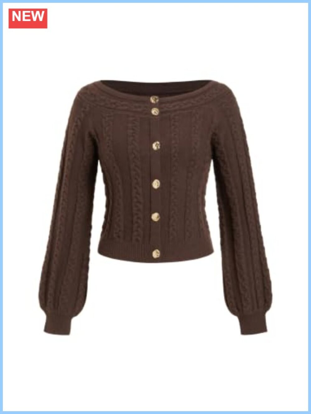 Womens Cropped Cardigan Sweater Boat Neck Lantern Sleeve Cable Knit